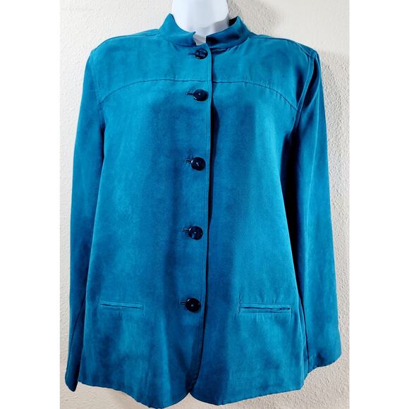 Draper's & Damon's Blue Teal Suede Button Up Blazer Large Band Collar Soft - Picture 1 of 8